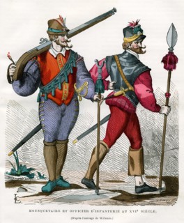Musketeer and infantry officer, 16th century (1882-1884).Artist: Pontenier