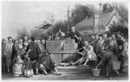 'Raree show at Lin-sin-choo', China, c1843.Artist: G Paterson