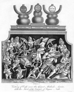 'Victory of Cali over the Giant Mahish A'sura, with the idols of the Temple of Jagannath', 1809.Artist: J Chapman