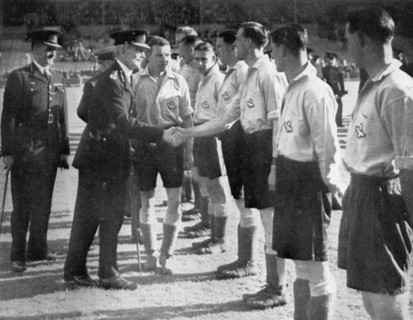 Introductions before a RAF vs Metropolitan Police football match, Wembley, London, 1942. Artist: Unknown