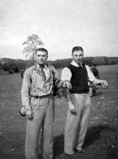 Stanley Matthews and Eddie Hapgood pause between shots during a round of golf, 1945. Artist: Unknown