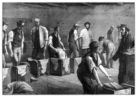 Refilling chests in a tea warehouse, 1874. Artist: Unknown