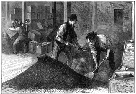 Bulking tea at a tea warehouse, 1874. Artist: Unknown