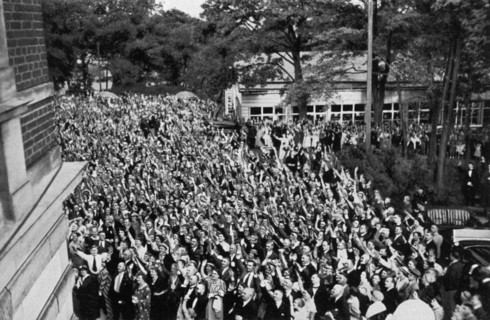 A crowd gathered beneath Adolf Hitler's window, Bayreuth, Germany, 1936. Artist: Unknown