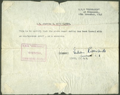 Receipt for a ex-Japanese sword, HMS 'Venerable', Singapore, 1946. Artist: Unknown