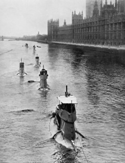 French submarine 'Saphir' (Q44) and five others moving from Gravesend to London, July 1909. Artist: Unknown