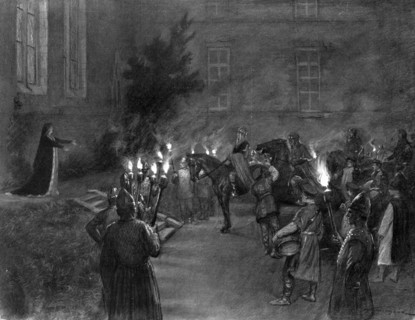Lady Macbeth welcomes King Duncan at the gates of Macbeth's castle, 1909. Artist: J Simont