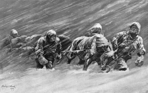 The trek during the snowstorm, 1909.  Creator: Stanley Llewellyn Wood.