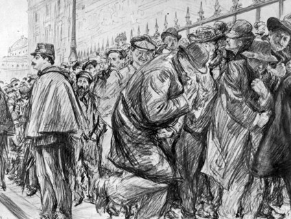 Queue outside the Palais de Justice during the trial of Marguerite Steinheil, Paris, France, 1909. Artist: Paul Charles Renouard