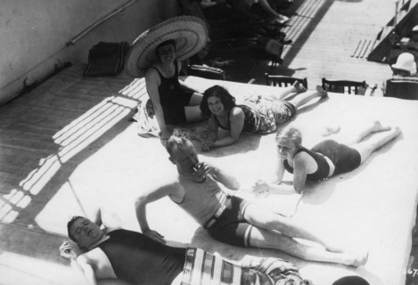 Passengers sunbathing on board a cruise ship, c1920s-c1930s(?). Artist: Unknown