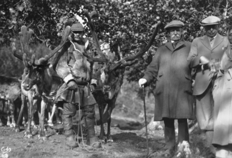 Tourists posing alongside a man with reindeer, Lyngen, Norway, 1929. Artist: Unknown