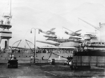 Seaplanes on board a US Navy warship, Navy yard, Balboa, Panama, 1931. Artist: Unknown