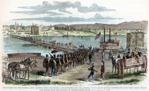 Union volunteers crossing the Ohio River, Cincinnati, Ohio, American Civil War, c1862. Artist: Unknown