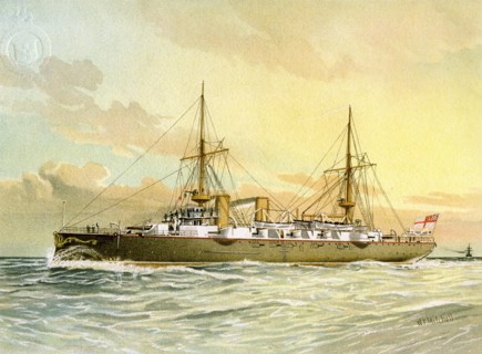 HMS 'Undaunted', Royal Navy 1st class cruiser, c1890-c1893.Artist: William Frederick Mitchell