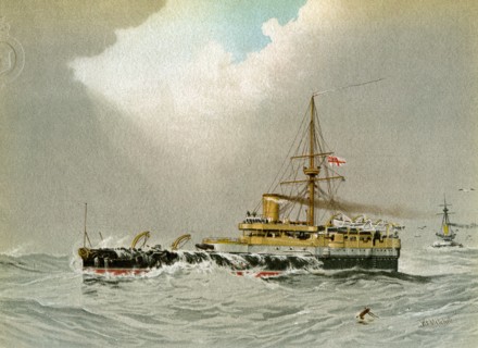 HMS 'Hero', Royal Navy 2nd class battleship, c1890-c1893.Artist: William Frederick Mitchell