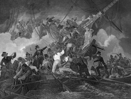 The cutting out of the corvette 'La Chevrette', 21 July 1801 (c1857).Artist: J Rogers