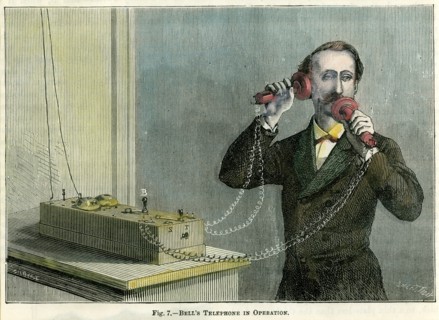 'Bell's telephone in operation', late 19th century.Artist: Gilbert
