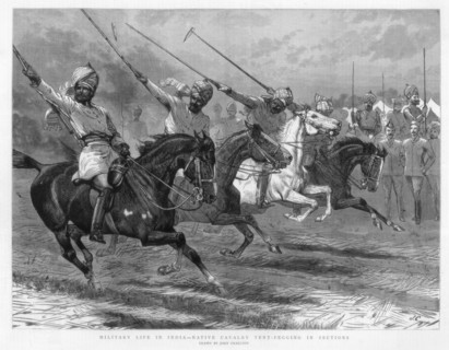 Native cavalry tent-pegging in sections, India, 1890. Artist: John Charlton