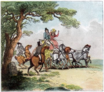'Vicissitudes of the road in 1787, the highwayman, Lord Barrymore stopped', 1890. Artist: Unknown