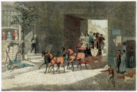 Coach arriving in the yard of an inn, 1890. Artist: Unknown