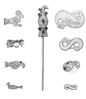 Bird-shaped fibulae, hairpin, and s-shaped fibulae, 1893.  Artist: A Housselin