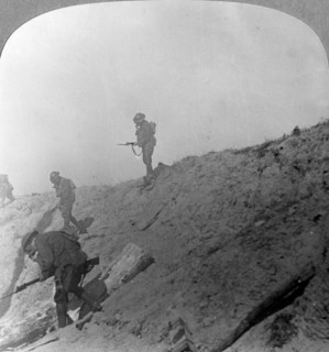 British troops advancing through gas, Passchandaele, Ypres, Belgium, World War I, c1914-c1918. Artist: Realistic Travels Publishers