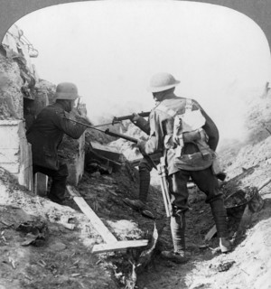 The capture of a German machine-gunner, Croisilles, France, World War I, c1917-c1918. Artist: Realistic Travels Publishers