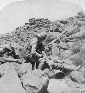 'The dying bugler's last call, a battlefield incident, Gras Pan, South Africa', 1900.  Artist: Underwood & Underwood