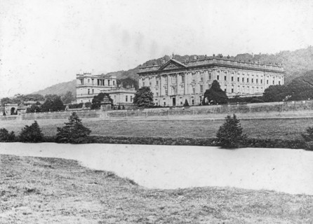 Chatsworth House from across the River Derwent, Derbyshire, late 19th or early 20th century. Artist: Unknown