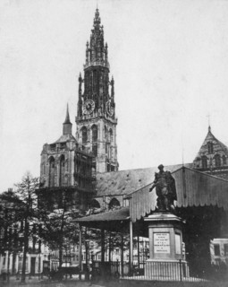Antwerp Cathedral and statue of the artist Peter Paul Rubens, Belgium, 1867. Artist: Unknown