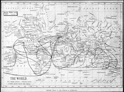 Map of the world showing sailing routes and telegraph cables, c1893. Artist: George Philip & Son Ltd
