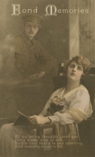 'Fond Memories', romantic postcard sent from a soldier to his sweetheart. Artist: Unknown