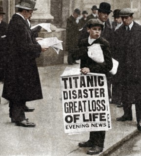 Newspaper boy with news of the Titanic disaster, 14 April 1912. Artist: Unknown