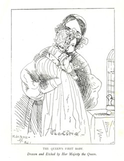 Earliest picture known of Victoria's first daughter, then the Princess Royal, age 3 months, with her Artist: Queen Victoria