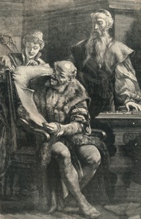John Gutenberg Showing Part of the First Printed Book to Faust, (14th century),  c1910. Artist: Unknown