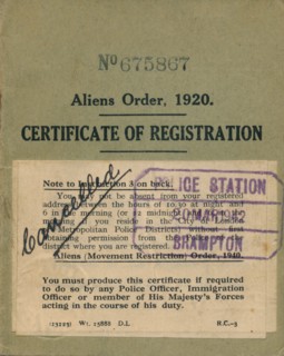 Aliens Order, Certificate of Registration, 1920. Artist: Unknown