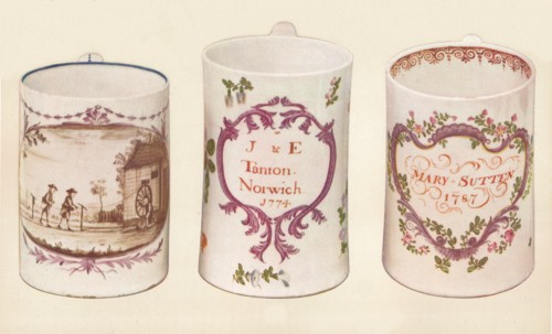 Three Lowestoft Mugs, (18th century), 1937. Artist: Unknown