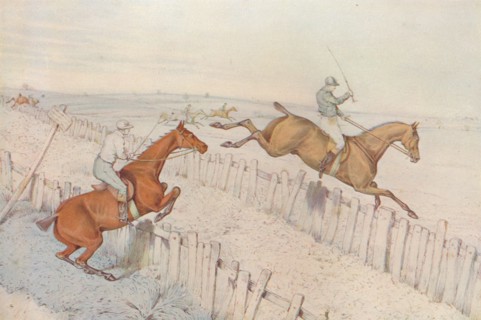 A Steeplechase: Going over an old blind roadway, and doing it well: even betting, 1827. Artist: Henry Thomas Alken