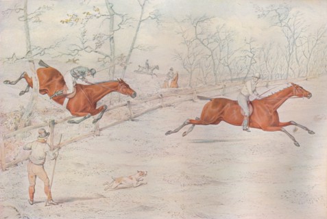 A Steeplechase:  Covering a strong bullock fence. Down for a hundred!, 1927. Artist: Henry Thomas Alken