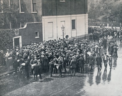 Before England declared war: German Reservists waiting outside German Consulate in London, 1914. Artist: Unknown