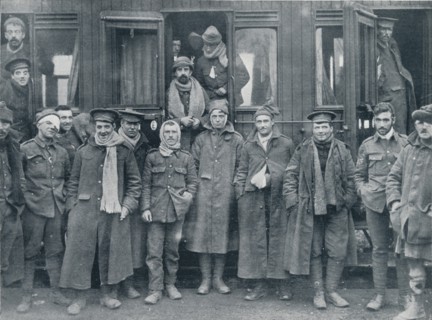 Wounded English troops on their way to a base hospital, c1914. Artist: Unknown