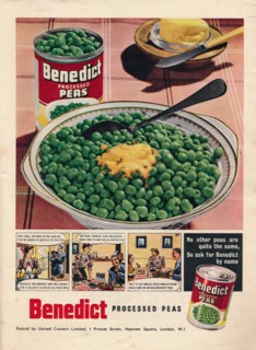 Advert for Benedict processed peas, 1951. Artist: Unknown