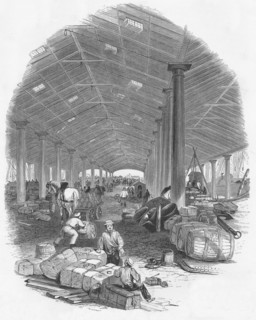 'Wharf Shed of the Trafalgar Dock', Liverpool, England, 1847. Artist: Mason Jackson.