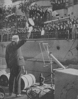 Churchill responds to the cheers from the crew of HMS Prince of Wales', 1941. Artist: Unknown.