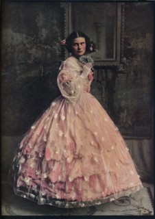 'A three-flounced ball-dress of pink silk, with overdress of white flowered gauze, 1850-60', c1913. Artist: Unknown.