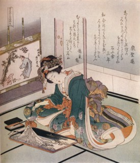 'A woman making a miniature model of Mount Fuji', c1823. Artist: Hokusai.