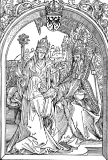 'Hrotsvitha Presenting Her Book to the Emperor Otto I', 1501 (1906). Artist: Albrecht Durer.