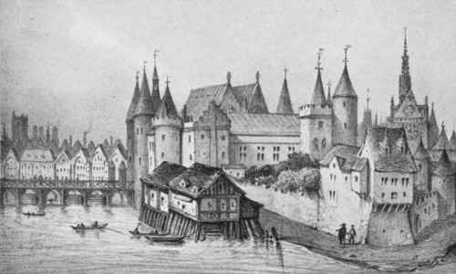 `The Pont aux Meuniers and Part of the Palais du Roi de la Cite in 1556', 1915. Artist: Unknown.