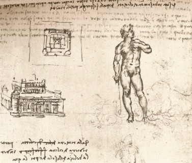 Drawing of plans for a castle, and of a nude figure, washed with Indian ink, c1472-c1519 (1883). Artist: Leonardo da Vinci.
