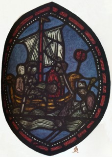 'St Nicholas window in the Jerusalem Chamber of Westminster Abbey: Nicholas and the false pilgrim',  Artist: Unknown.